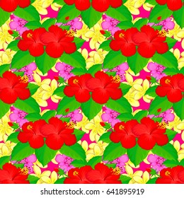 Vector illustration. Seamless floral pattern on a magenta background with motley hibiscus flowers.
