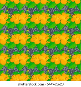Vector illustration. Seamless floral pattern with stylized hibiscus flowers on a gray background.