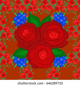 Vector illustration. Seamless floral pattern in cute rose flowers and green leaves on a brown background.