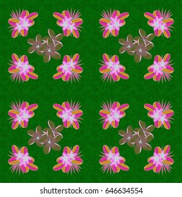 Vector illustration. Seamless floral pattern with stylized flowers in green, magenta and violet colors.