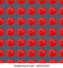 Vector illustration. Seamless floral pattern in cute poppy flowers on a gray background.
