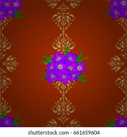 Vector illustration. Seamless floral pattern in cute primula flowers on a brown background.