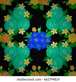 Vector illustration. Seamless floral pattern with stylized rose flowers and green leaves on a black background.