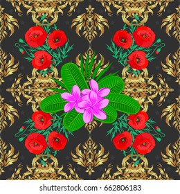 Vector illustration. Seamless floral pattern with stylized poppy flowers on a gray background.