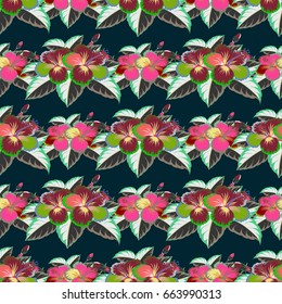 Vector illustration. Seamless floral pattern in red, brown and green colors with motley flowers.