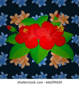 Vector illustration. Seamless floral pattern in cute rose flowers and green leaves on a blue background.