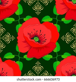 Vector illustration. Seamless floral pattern in cute poppy flowers on a green background.