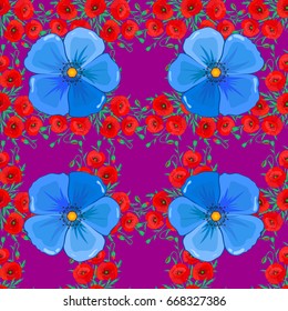 Vector illustration. Seamless floral pattern in cute cosmos flowers on a purple background.