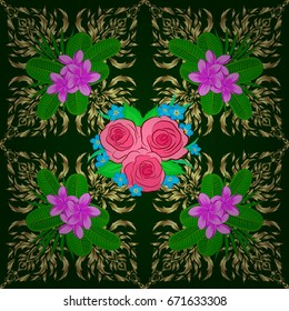 Vector illustration. Seamless floral pattern in cute rose flowers and green leaves on a green background.