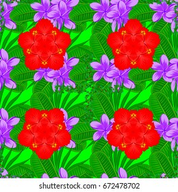 Vector illustration. Seamless floral pattern on a green background with motley plumeria flowers.