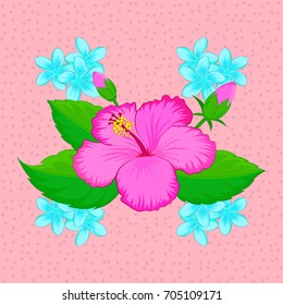 Vector illustration. Seamless floral pattern on a pink background with motley hibiscus flowers.