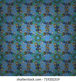 Vector illustration. Seamless floral pattern with doodles flowers on blue, black and green colors.
