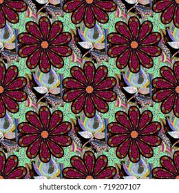 Vector illustration. Seamless floral pattern in folk style with flowers, leaves. Hand drawn.