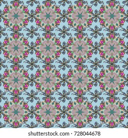 Vector illustration. Seamless floral pattern in folk style with flowers, leaves. Hand drawn.