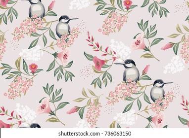  Vector illustration of a seamless floral pattern with cute birds in spring for Wedding, anniversary, birthday and party. Design for banner, poster, card, invitation and scrapbook 