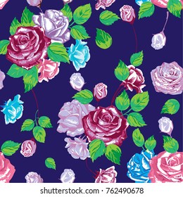 a vector illustration of a seamless floral pattern flowers pattern with water colors and flowers in purple rose pink and blue with a navy background and green leaves