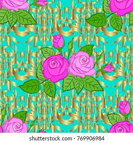 Vector illustration. Seamless floral pattern with stylized rose flowers and green leaves in neutral and blue colors.