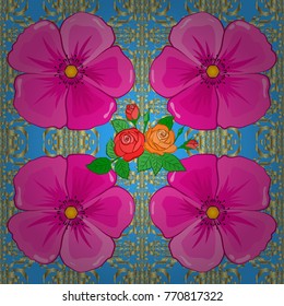 Vector illustration. Seamless floral pattern in cute cosmos flowers in magenta, blue and pink colors.