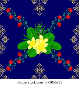 Vector illustration. Seamless floral pattern in cute plumeria flowers in blue, green and yellow colors.