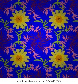 Vector illustration. Seamless floral pattern with wonderful flowers in pink, blue and yellow tones.