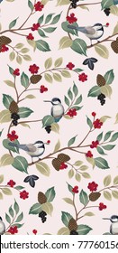  Vector illustration of a seamless floral pattern with cute birds in winter for Wedding, anniversary, birthday and party. Design for banner, poster, card, invitation and scrapbook 