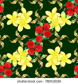 Vector illustration. Seamless floral pattern in red, blue and yellow colors with motley plumeria flowers.