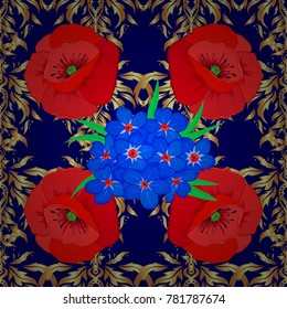 Vector illustration. Seamless floral pattern with stylized forget-me-not flowers in blue, red and brown colors.