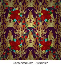Vector illustration. Seamless floral pattern in yellow, purple and brown colors with motley flowers.