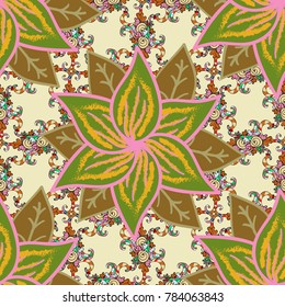 Vector illustration. Seamless floral pattern with doodles flowers on beige, green and brown colors.