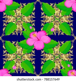 Vector illustration. Seamless floral pattern in blue, neutral and green colors with motley hibiscus flowers.