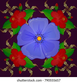 Vector illustration. Seamless floral pattern in cute hibiscus flowers in purple, violet and red colors.