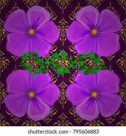 Vector illustration. Seamless floral pattern with stylized cosmos flowers in violet, purple and green colors.