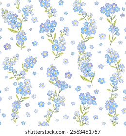 Vector illustration. Seamless floral patterns in blue tones, forget-me-not flowers. Flowers, summer, vacation, fabric design, wrapping paper	
