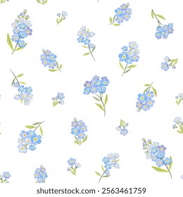 Vector illustration. Seamless floral patterns in blue tones, forget-me-not flowers. Flowers, summer, vacation, fabric design, wrapping paper	
