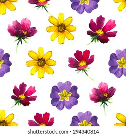 Vector illustration with seamless flower background. Watercolor elements for decoration and create your design. Watercolor doodling. Flowers pattern on white background.