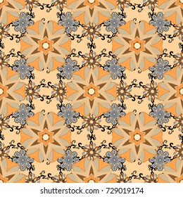 Vector illustration. Seamless flower pattern can be used for wallpaper. Flowers on beige, orange and black colors.