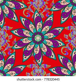 Vector illustration. Seamless flower pattern can be used for wallpaper. Flowers on red, green and beige colors.