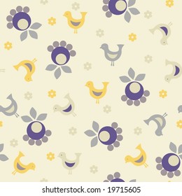 Vector illustration. Seamless flowers and birds background.