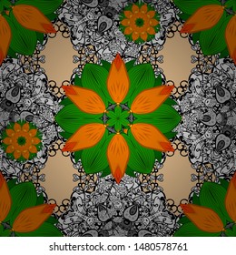 Vector illustration. Vector illustration. Seamless flowers pattern. Flowers on green, orange and black colors. In asian textile style.