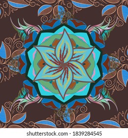 Vector illustration. Seamless flowers pattern. In asian textile style on brown, beige and blue colors.