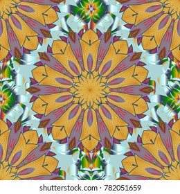 Vector illustration. Vector illustration. Seamless flowers pattern. In asian textile style. Flowers on neutral, yellow and blue colors.