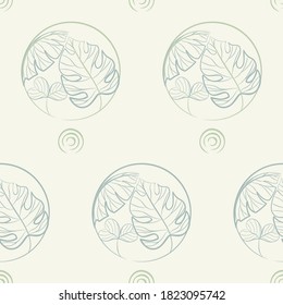 vector illustration of seamless and flowless tropical leaf and circle composition pattern