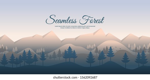 Vector illustration. Seamless forest landscape. Nature concept background. Game or website template. Misty scene. Countryside. Abstract trees silhouettes. Green field around mountain. Hills and rocks.