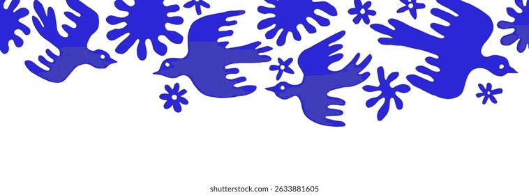 Vector illustration, seamless frame of abstract flowers and birds, blue spots.