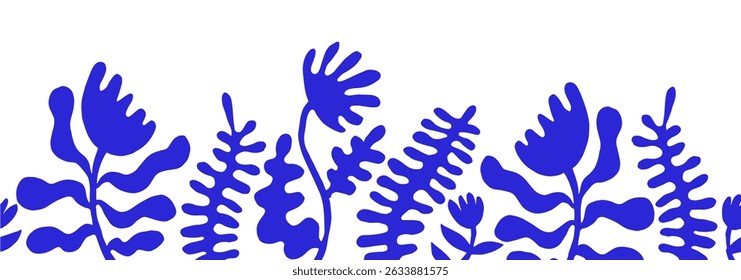 Vector illustration, seamless frame of blue abstract flowers and spots