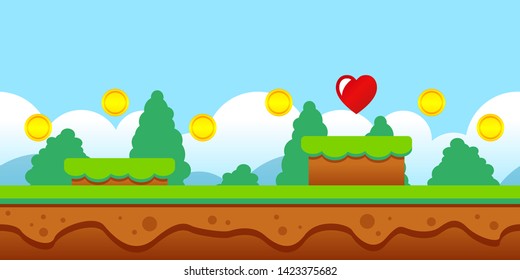 Vector illustration seamless game scene with coins and heart