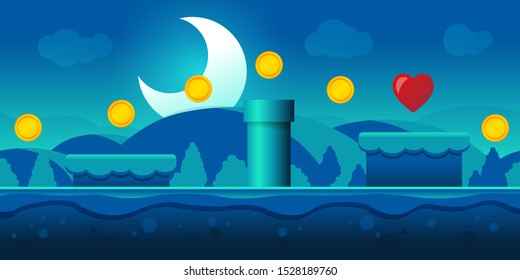 Vector Illustration Seamless Gaming Scene Background. Landscape By Night For Game or Application.