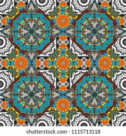 Vector illustration. Seamless geometric hand drawn tribal tiles texture. Native batik watercolor artistic blue, brown and gray seamless pattern. Ethnic boho style.