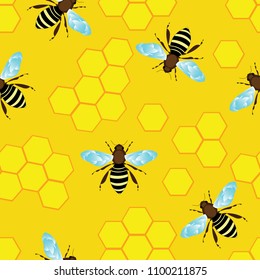 Vector illustration of a seamless geometric pattern with honeycomb and bees