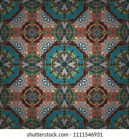 Vector illustration. Seamless geometric pattern with mandalas. Stylish ornamental wallpaper in orange, blue and brown colors.